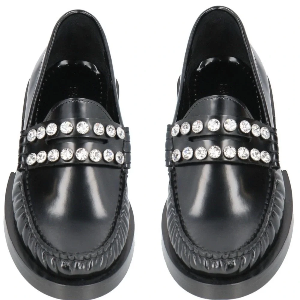 SANDRO Crystal-Embellished Patent-Leather Women’s Black Slip On Loafers Size 5